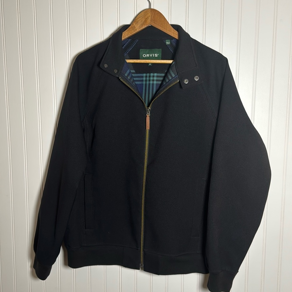 Orvis Weatherbreaker Black Jacket Mens Green/Navy Plaid Lined Full Zip Size Med